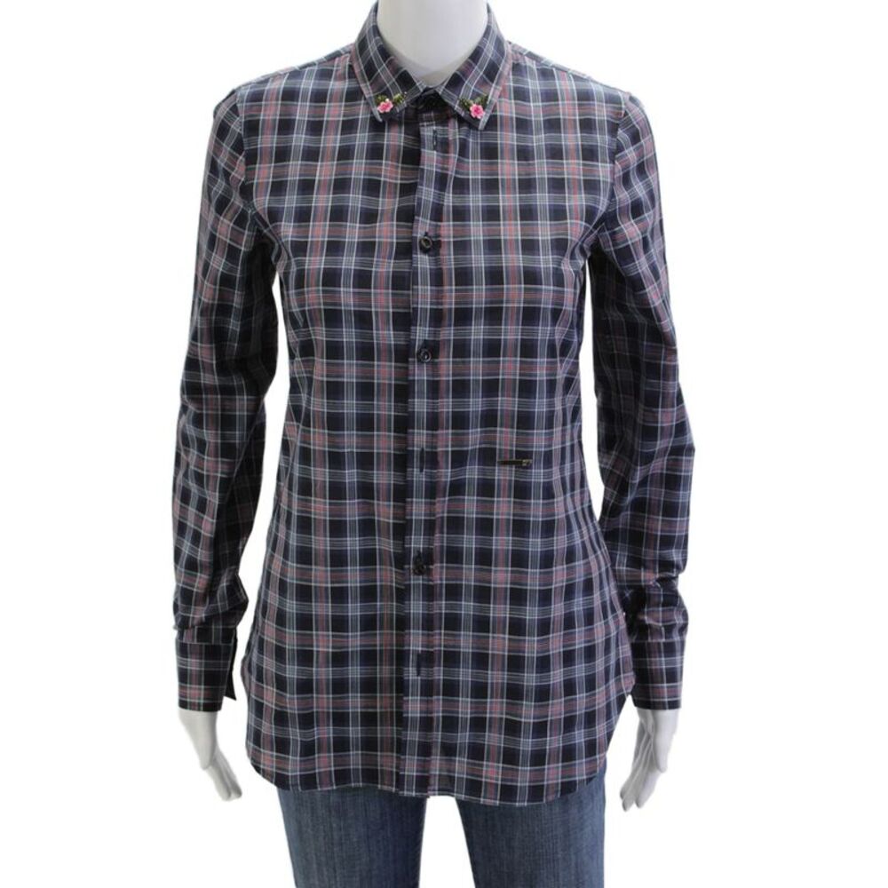 Dsquared2 Womens Plaid Collared Button-Up Dark Blue Cotton Long Sleeve Size 40